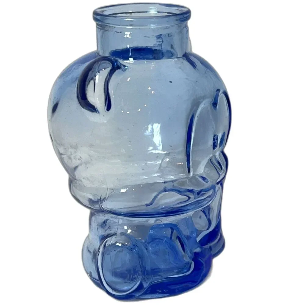Vintage Morning Glory Blue Glass Bear Jar Vase Art Glass Bottle 76019 No Stopper
